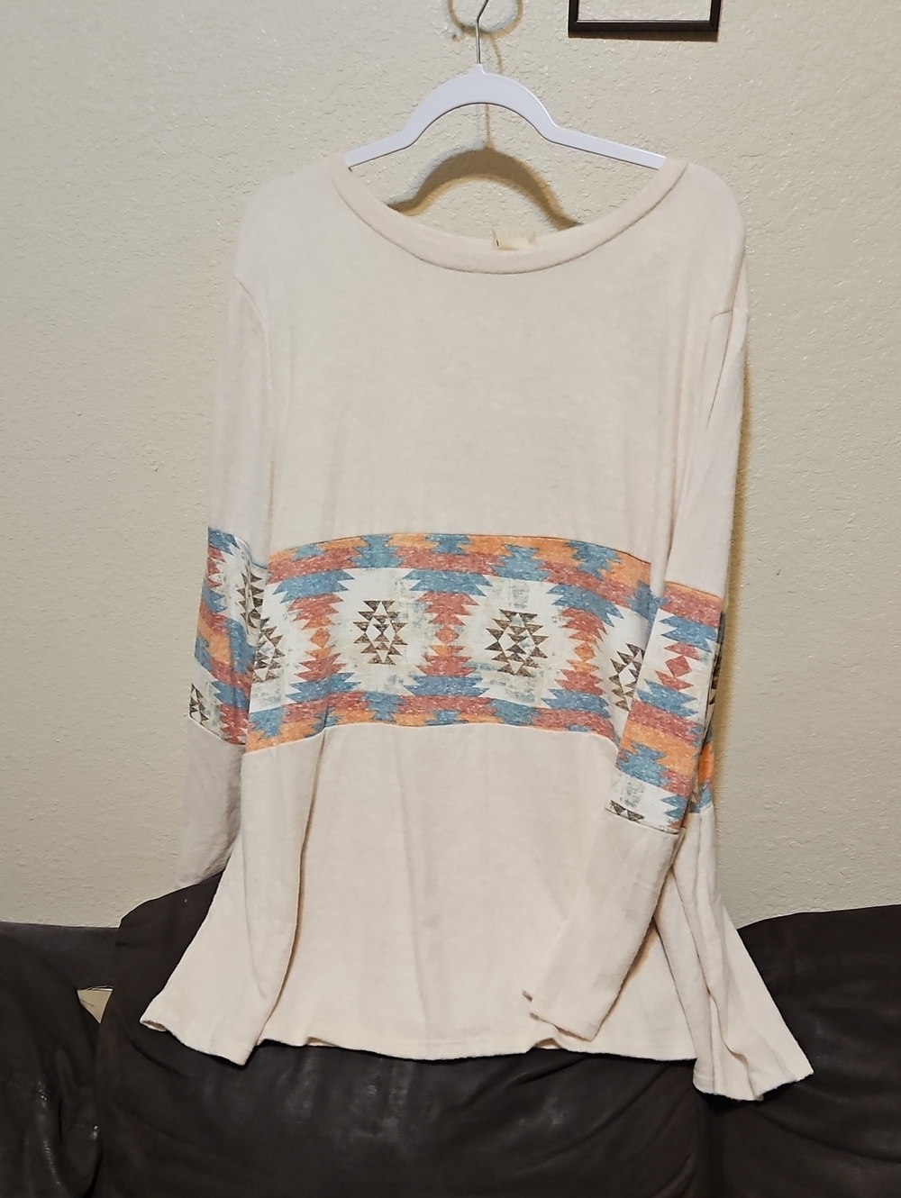 Cream Scoop-Neck Sweater with Southwestern Stripe